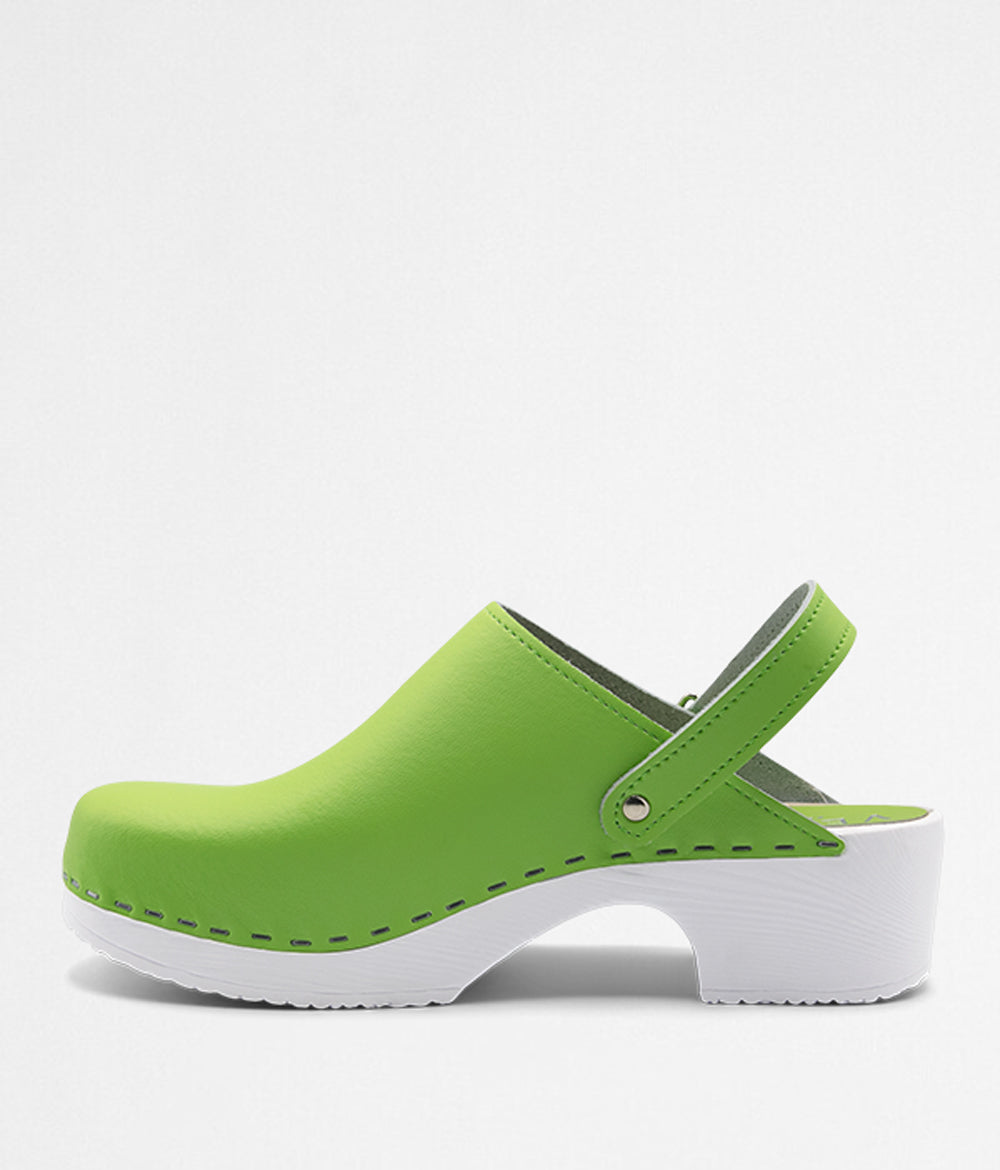 green leather clogs with strap white comfort base professional