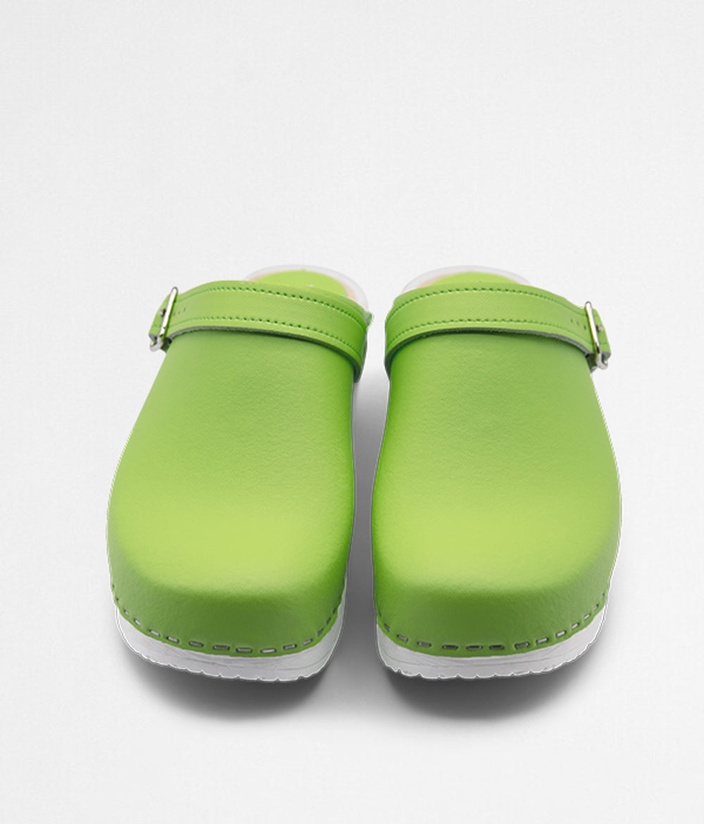 green leather clogs with strap white comfort base professional