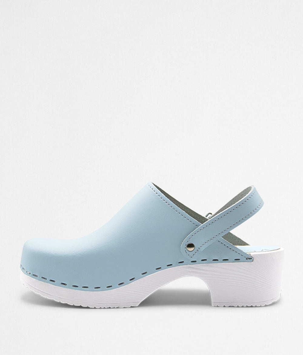 professional clogs white comfort base light blue leather with strap