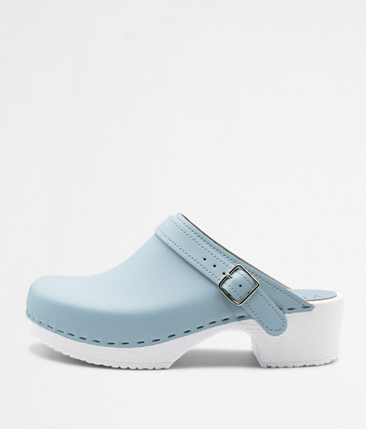 professional clogs white comfort base light blue leather with strap