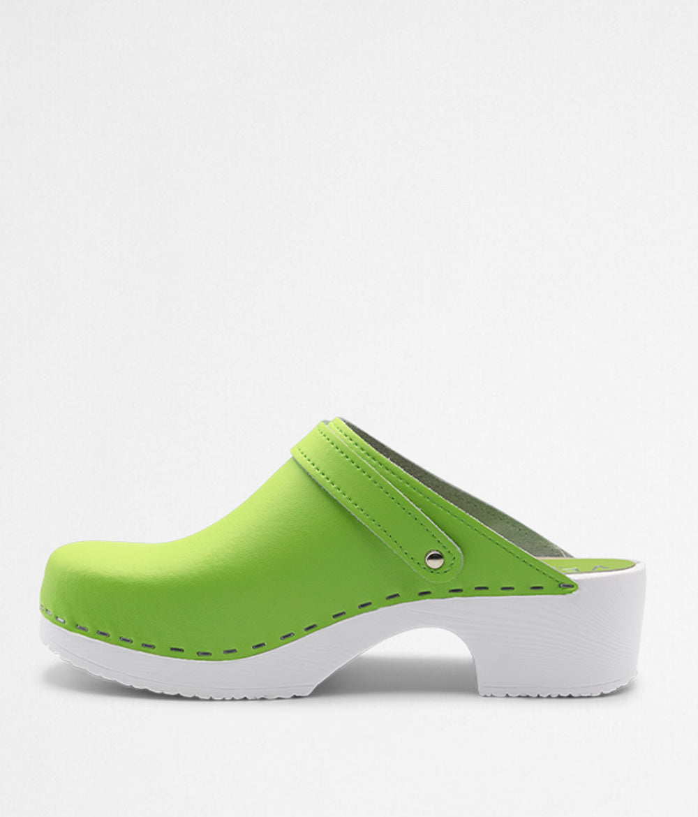 green leather clogs with strap white comfort base professional