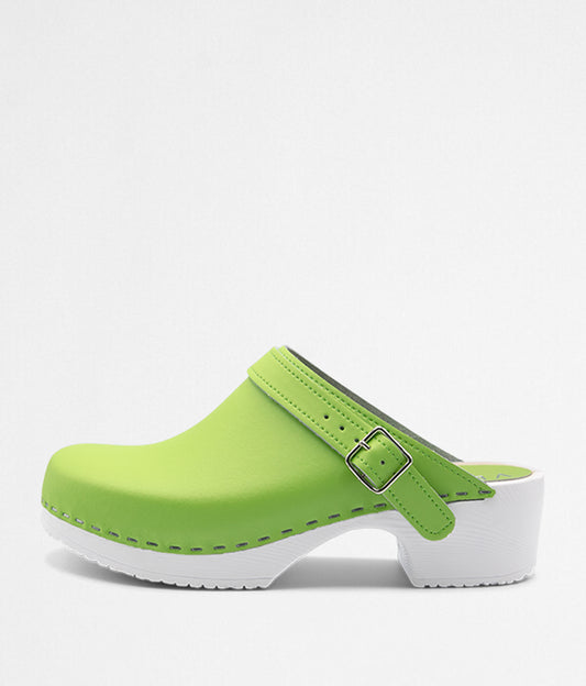 green leather clogs with strap white comfort base professional