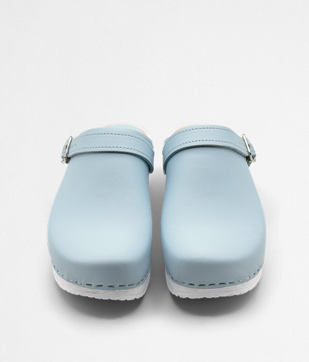 professional clogs white comfort base light blue leather with strap